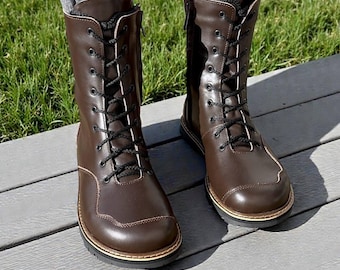 Brown military boots | wide toe box shoes women | genuine leather combat boots lace up with zipper | stylish fall winter handmade shoes