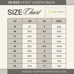 May include: A shoe size chart with EU, CM, US, and inch measurements. The chart includes foot length conversions, with US sizes ranging from 5 (9.05 inches) to 11 (10.8 inches). The text "SIZE Chart" is at the top.