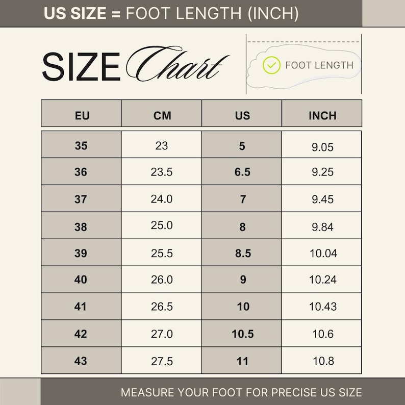 May include: A shoe size chart with EU, CM, US, and inch measurements. The chart includes foot length conversions, with US sizes ranging from 5 (9.05 inches) to 11 (10.8 inches). The text "SIZE Chart" is at the top.