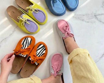 Suede Clogs - wide toe box shoes women | Cork Sole Slippers | Handmade Leather Summer Slides | Custom shoes any color