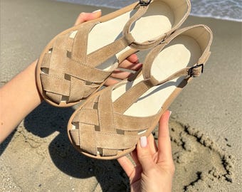 Womens Leather T-Strap Sandals | Closed Toe Flat Sandals | Wide Toe Box shoes women | anatomical handmade custom shoes any color