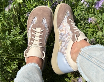 Custom Floral Mesh Leather Sneakers | Barefoot Style Trainers | Comfortable Wide Toe Box Shoes Women | Summer Suede Lace Up Shoes for Her