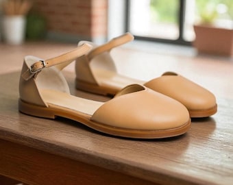 Beige Leather Mary Janes | Closed-Toe and Closed-Back Sandals | Barefoot style Ballet Flats | Handmade Anatomical Custom Shoes Any Colors