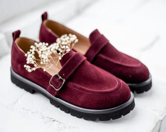 Burgunderrote Damen Loafer | breite Zehenbox Schuhe Damen | Anatomische kundenspezifische handgemachte Lederschuhe