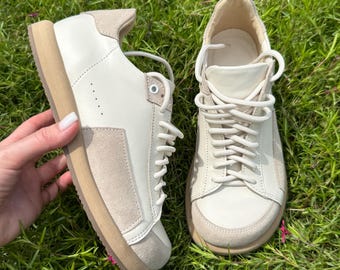 Wide Toe Box Leather Sneakers Women | Anatomical Foot-Shape Shoes | White Platform Sneakers | Custom Any Color Comfortable Wide Fit Flats