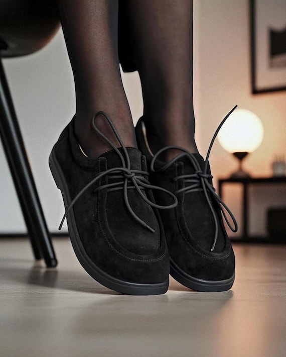 Black suede moccasins women | Wide toe box shoes women | anatomical lace-up loafers | barefoot style casual shoes | handmade custom shoes