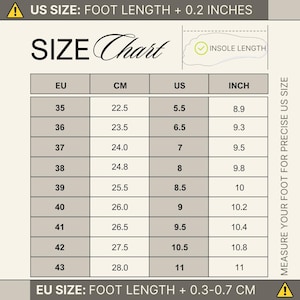 Puede incluir: Una tabla de tallas de calzado en color beige con columnas para medidas en EU, CM, US e INCH. El texto incluye SIZE CHART, INSOLE LENGTH, US SIZE: FOOT LENGTH + 0.2 INCHES, EU SIZE: FOOT LENGTH + 0.3-0.7 CM y MEASURE YOUR FOOT FOR PRECISE US SIZE.