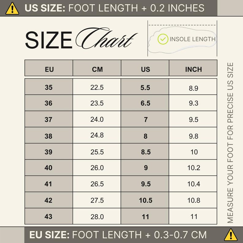 Puede incluir: Una tabla de tallas de calzado en color beige con columnas para medidas en EU, CM, US e INCH. El texto incluye SIZE CHART, INSOLE LENGTH, US SIZE: FOOT LENGTH + 0.2 INCHES, EU SIZE: FOOT LENGTH + 0.3-0.7 CM y MEASURE YOUR FOOT FOR PRECISE US SIZE.