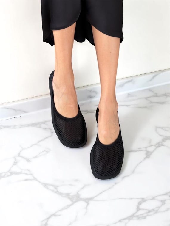 Summer Black Leather Mesh Square Toe Mules - Wide Toe Box Shoes