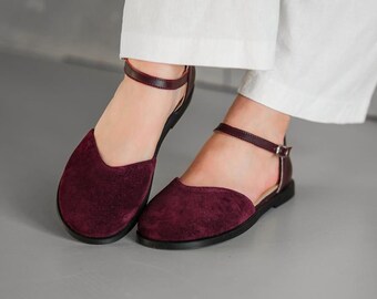 Burgundy Suede Mary Janes | Closed-Toe and Closed-Back Sandals | Leather Ballet Flats | handmade anatomical custom shoes any colors