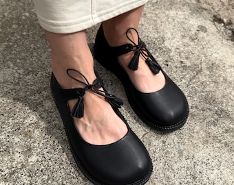 Black Leather Lace-Up Mary Janes | Wide Toe Box Shoes Women | Retro Ballet Flats | Anatomical Barefoot style Custom Shoes Any Color