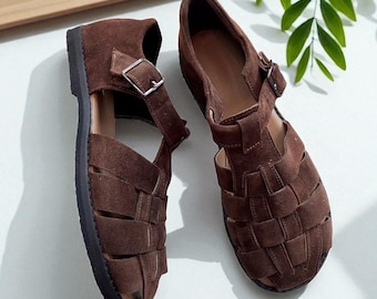 Brown suede leather fisherman sandals | Wide Toe Box shoes women | Anatomical barefoot style sandals women | handmade custom any color shoes