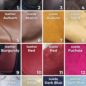 Puede incluir: Una cuadr&iacute;cula de diecis&eacute;is muestras que muestran varias texturas de cuero y ante en colores que incluyen negro, marr&oacute;n, auburn, mocco, arena, burdeos, rojo, fucsia, blanco, beige, azul oscuro y azul claro, numeradas del 1 al 16.