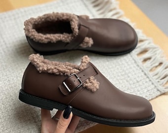 Sheepskin-Lined Brown Leather Suede Mary Janes | Women’s Leather Loafers with Wide Toe Box | Cozy Anatomical Custom Shoes in Any Color