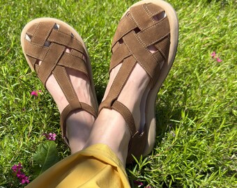 Custom Suede Woven Closed Toe Sandals | Leather T-Strap Flats | Wide Toe Box Shoes Women | Anatomical Barefoot Style Summer Footwear
