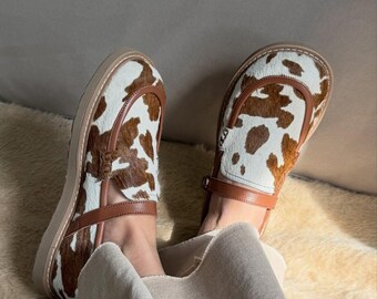 Designer Cow Print Leather Loafers | Wide Toe Box Shoes Women