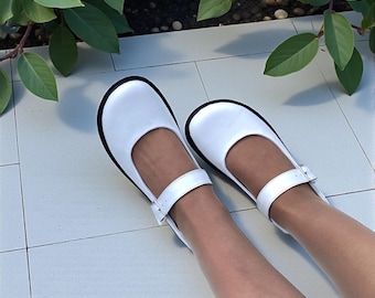 White Leather Wide Toe Box Mary Jane Shoes | Barefoot Style Flats | Anatomical Wedding Bridal Shoes | Custom Women’s Dress Shoes Any Color