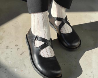Black Leather Mary Jane Criss Cross Strap Flats | Wide toe box shoes women | Anatomical Barefoot style Handmade Custom Shoes any color