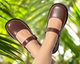 Brown Leather Mary Jane Shoes | Wide Toe Box Shoes Women | Barefoot Style Flats | Handmade Women’s Dress Shoes | Anatomical Custom Any Color