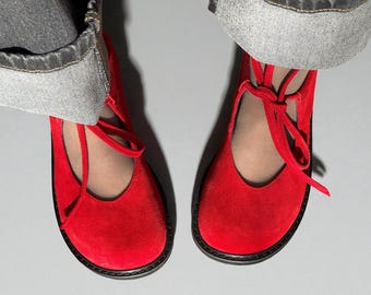Red Suede Lace Up Mary Janes | Wide Toe Box Shoes Women | Anatomical Leather Barefoot Style Ballet Flats | Handmade Custom Shoes Any Colors