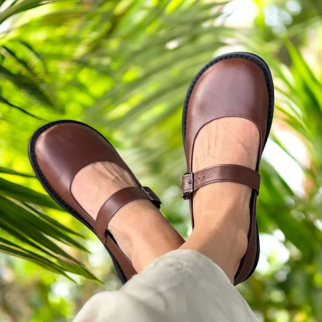 Mary Jane Shoes Brown Leather Women's Wide Toe Barefoot Flats Shoes Women  Women Dress Shoes Handmade Custom Any Color Shoes