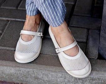 Beige Mesh Mary Janes | Leather Sheer Fishnet Ballet Flats | Wide toe box shoes women | Handmade anatomical custom shoes
