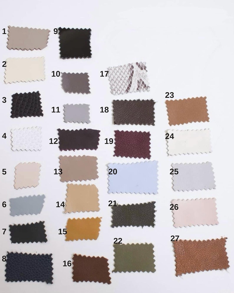 May include: A collection of 27 fabric swatches in various colors and textures. The swatches include shades of beige, black, white, gray, blue, brown, and patterned options. Each swatch has a zig-zag edge.