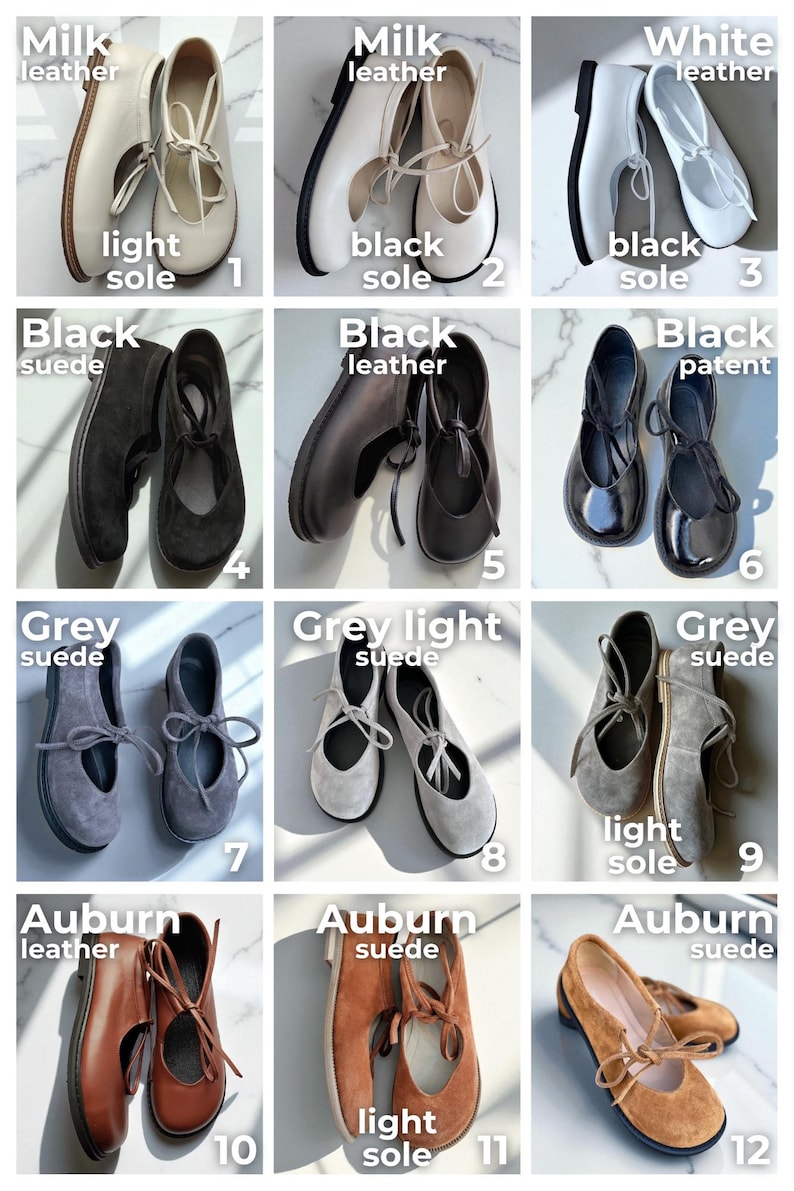 Op de afbeelding: Een collectie ballerina's in diverse kleuren en materialen. Stijlen zijn onder meer melkleer met lichte zool, zwart su&egrave;de, grijs su&egrave;de en kastanjebruin leer. Elke paar heeft een striksluiting.
