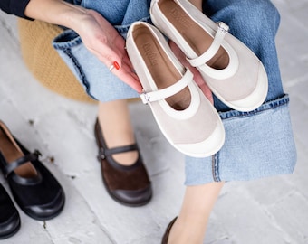 Leather suede Mary Janes wide toe box shoes women | barefoot flats shoes women | women dress shoes | handmade anatomical custom shoes