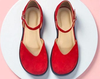 Rode Mary Jane-sandalen met vierkante neus | Sandalen met gesloten neus en gesloten achterkant | Leren ballerina's | handgemaakte anatomische custom schoenen in elke gewenste kleur