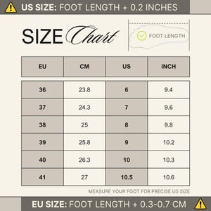 May include: A shoe size chart with EU, CM, US, and inch measurements. The chart includes sizes 36 to 41, with corresponding measurements in centimeters and inches. The text "SIZE Chart" is at the top, with a foot length graphic.