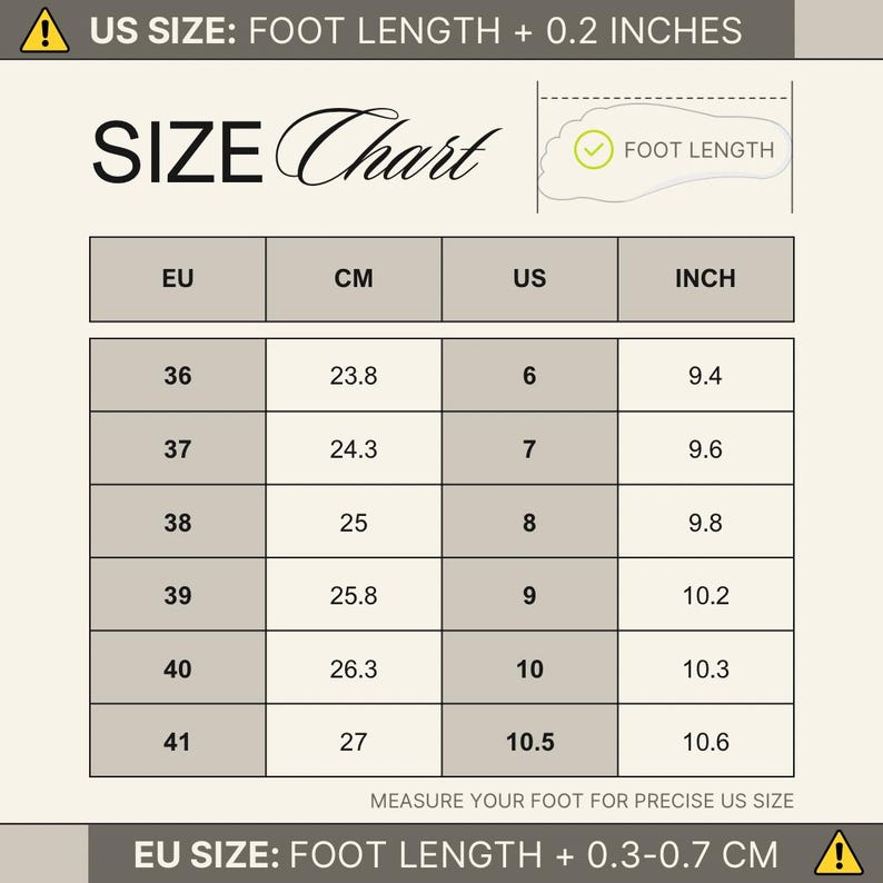 May include: A shoe size chart with EU, CM, US, and inch measurements. The chart includes sizes 36 to 41, with corresponding measurements in centimeters and inches. The text "SIZE Chart" is at the top, with a foot length graphic.