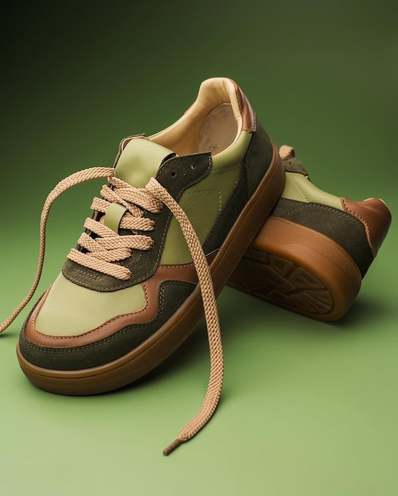 Wide Toe Box Shoes Women & Men | Green Leather Sneakers | Anatomical Handmade Sneakers | Custom Colorful Shoes | Barefoot Style Trainers