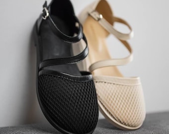 Black Beige Mesh Mary Janes | Closed-Toe and Closed-Back Sandals | Leather Sheer Fishnet Ballet Flats | Handmade anatomical custom shoes