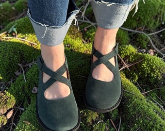 Forest Green Suede Mary Jane Flats | Whimsical Aesthetic Shoes | Wide Toe Box Shoes Women | Custom Handmade Anatomical Barefoot Style