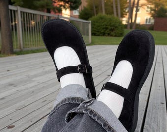 Black Suede Ballet Flats | Wide Toe Box Shoes Women | Minimalist Barefoot Style Mary Janes | Custom Handmade Leather Shoes Any Color