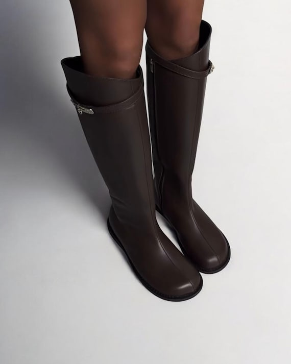 Wide Toe Box Brown Leather Boots | Barefoot Style Knee High Boots | Custom Anatomical Wide Calf Boots | Winter Autumn Shoes