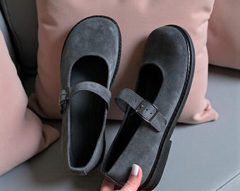 Dark Gray Suede Anatomical Mary Janes | Wide Toe Box Shoes Women | Graphite Barefoot Style Flats | Handmade Custom Leather Shoes