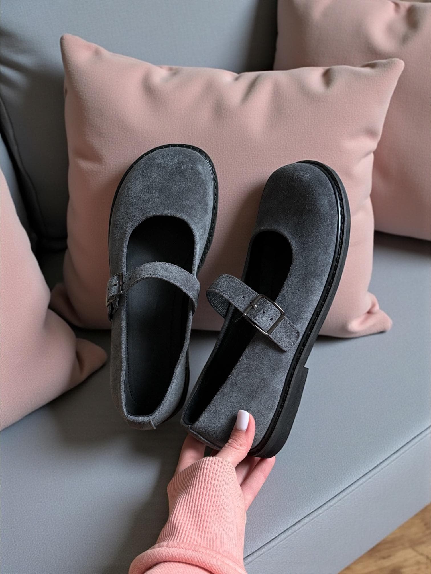 Dark Gray Suede Anatomical Mary Janes | Wide Toe Box Shoes Women