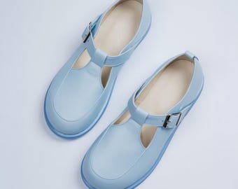 Light Blue Mary Jane T-strap | Wide toe box shoes women | Leather loafers women | Handmade anatomical custom any colors
