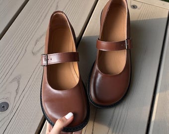 Brown Leather Mary Jane Shoes | Wide Toe Box Shoes Women | Barefoot Style Flats | Handmade Women’s Dress Shoes | Anatomical Custom Any Color