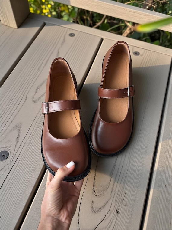 chocolate brown dress shoes for women Leather Mary Jane | Wide Toe Box Shoes | Barefoot Style Flats | Handmade Women's Shoes | Anatomical Custom Any Color Crafted from supple milled SUMMERGOW dark brown dress shoes Color:White on Black Polka Dot Blue Fairy - Party
