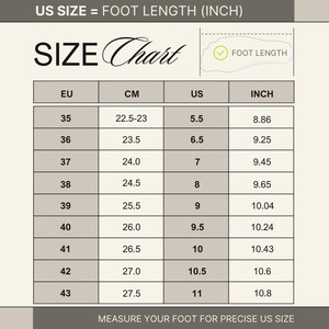 May include: A shoe size chart with EU, CM, US, and inch measurements. The chart includes foot length conversions, with US sizes ranging from 5.5 (8.86 inches) to 11 (10.8 inches). The text at the top reads "US SIZE = FOOT LENGTH (INCH)".