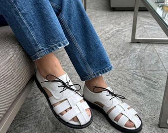 Sandalias de pescador de cuero blanco / Zapatos de mujer con puntera ancha / Calzado anatómico estilo minimalista / Zapatos personalizados hechos a mano en cualquier color
