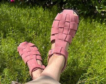 Sandalias de pescador de ante rosa / Zapatos de mujer con puntera ancha / Calzado anatómico estilo minimalista / Zapatos personalizados hechos a mano en cualquier color