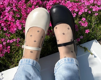 Leather Beige Mary Janes wide toe box shoes women | barefoot style flats shoes women | women dress shoes | anatomical custom shoes any color