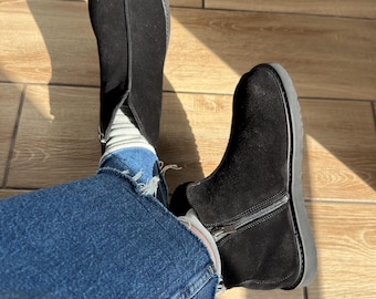 Black Suede Leather Ankle Boots with Zipper | Anatomical Wide Toe Box Boots Women | Handmade Custom Shoes | Any Color Minimalist Booties