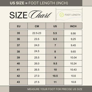 May include: A size chart graphic with black text on a light background. It displays columns for EU, CM, US, and INCH measurements. The header reads US SIZE = FOOT LENGTH (INCH) and SIZE CHART, with a foot icon labeled FOOT LENGTH at the top right.