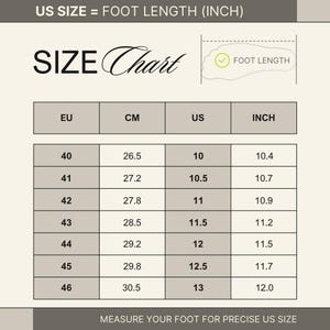 May include: Size chart with EU, CM, US, and inch measurements. The chart includes foot length conversions, with US size 10 corresponding to 10.4 inches and 26.5 cm. The chart is labeled "US SIZE = FOOT LENGTH (INCH)" and "MEASURE YOUR FOOT FOR PRECISE US SIZE."