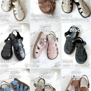 May include: A collection of leather and suede sandals in various colors, including white, brown, mocha, black, pink, blue, grey, and leopard print. Each pair features a unique design with straps and buckles.